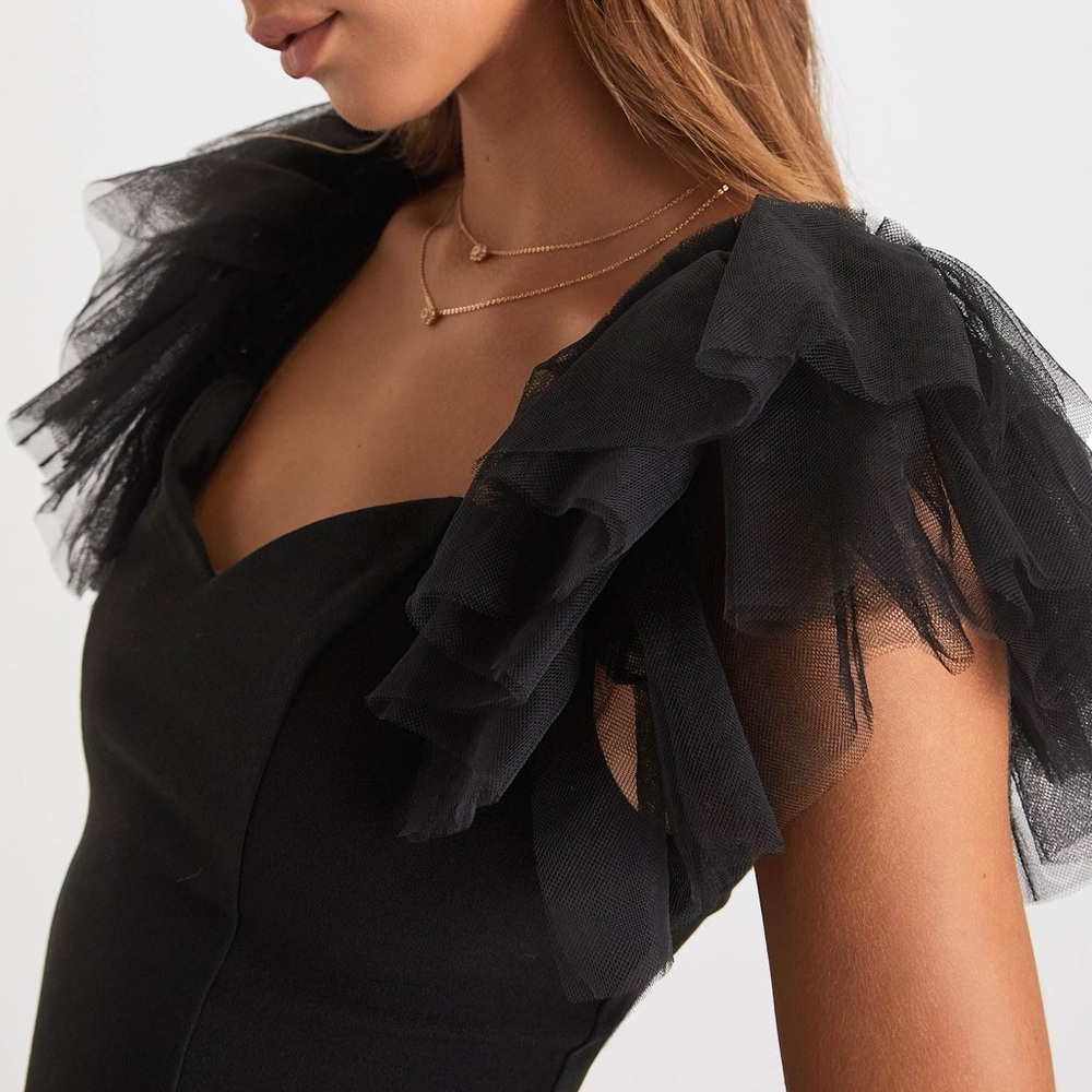 JUST DROPPED #28 Ruffled Mesh Shoulder Black Bodycon Dress XS S - Picture 2 of 8